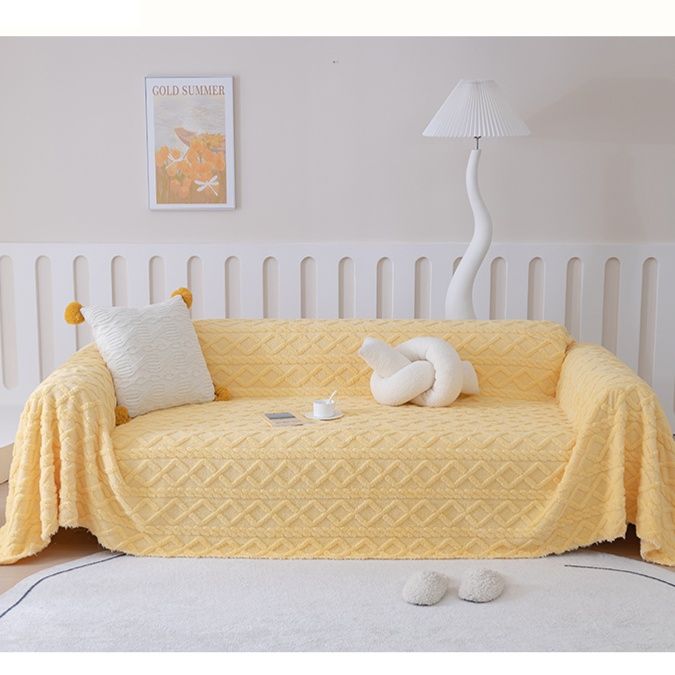 ソファーカバー ぽんぽん付き菱形模様編み込み二人掛けソファーカバー