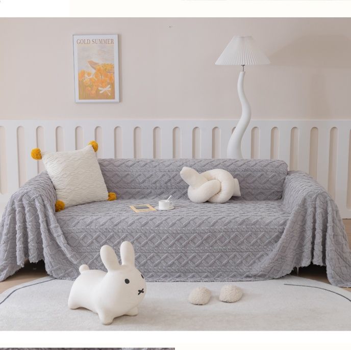 ソファーカバー ぽんぽん付き菱形模様編み込み二人掛けソファーカバー