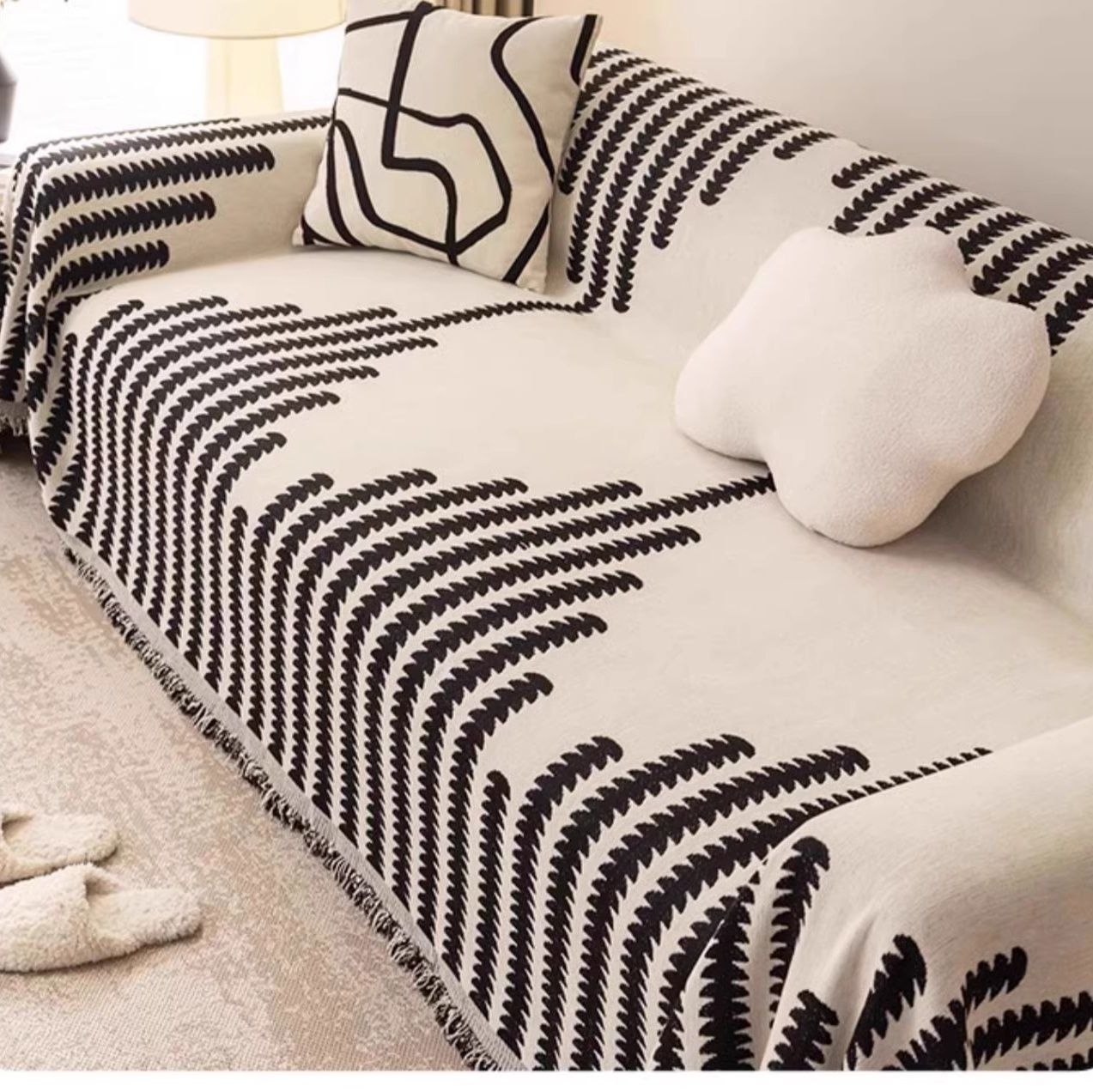 ソファーカバー 幾何学模様編み込みニット二人掛け用ソファーカバー