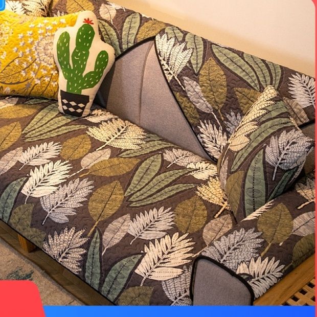 ソファーカバー 北欧風リーフ柄伸縮フィット式ソファーカバー