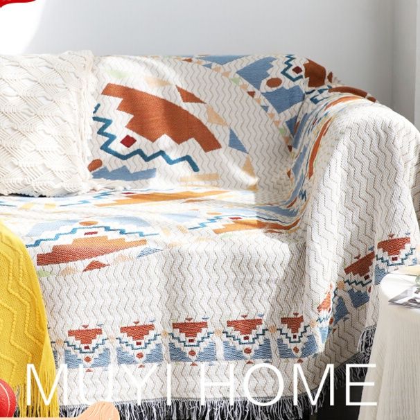 ソファーカバー 民族調幾何学模様フリンジ付き織り込みソファーカバー