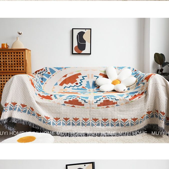 ソファーカバー 民族調幾何学模様フリンジ付き織り込みソファーカバー