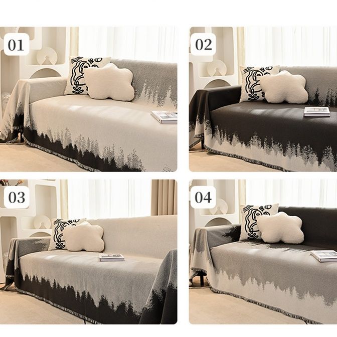 ソファーカバー 森のシルエット柄フリンジ付きソファーカバー