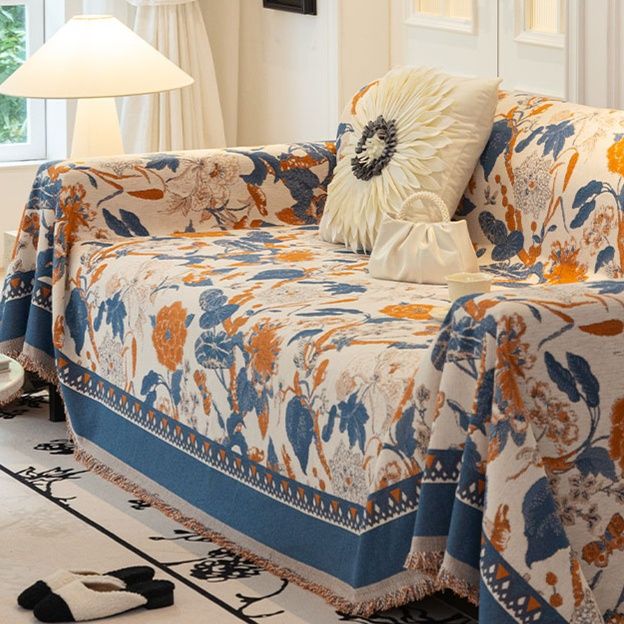 ソファーカバー 花柄刺繍風マルチカバー付きソファーカバー