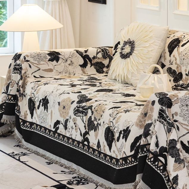 ソファーカバー 花柄刺繍風マルチカバー付きソファーカバー