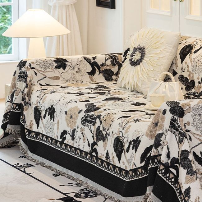 ソファーカバー 花柄刺繍風マルチカバー付きソファーカバー