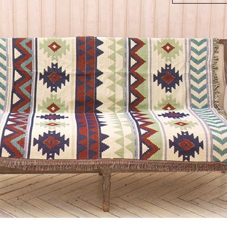 ソファーカバー 民族調幾何学模様フリンジ付きマルチカバー