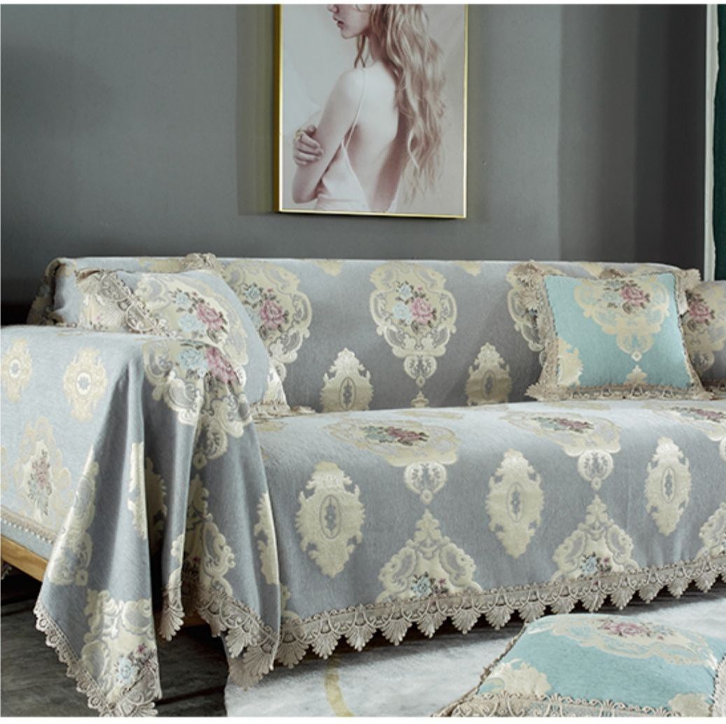 ソファーカバー 宮廷風花柄刺繍レース縁取りソファーカバー