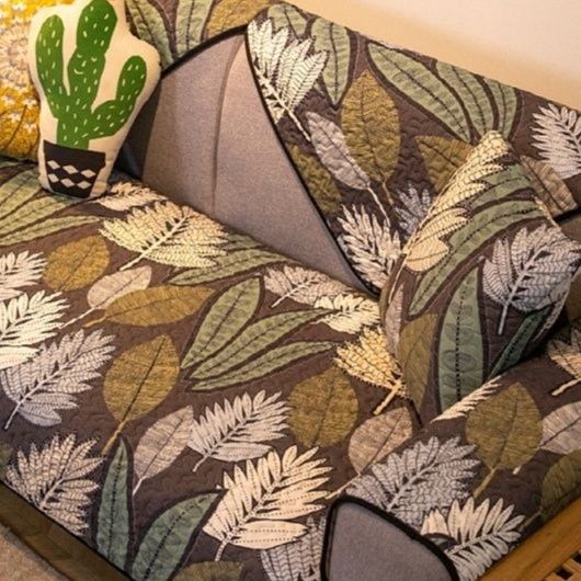 ソファーカバー 北欧風リーフ柄伸縮フィット式ソファーカバー