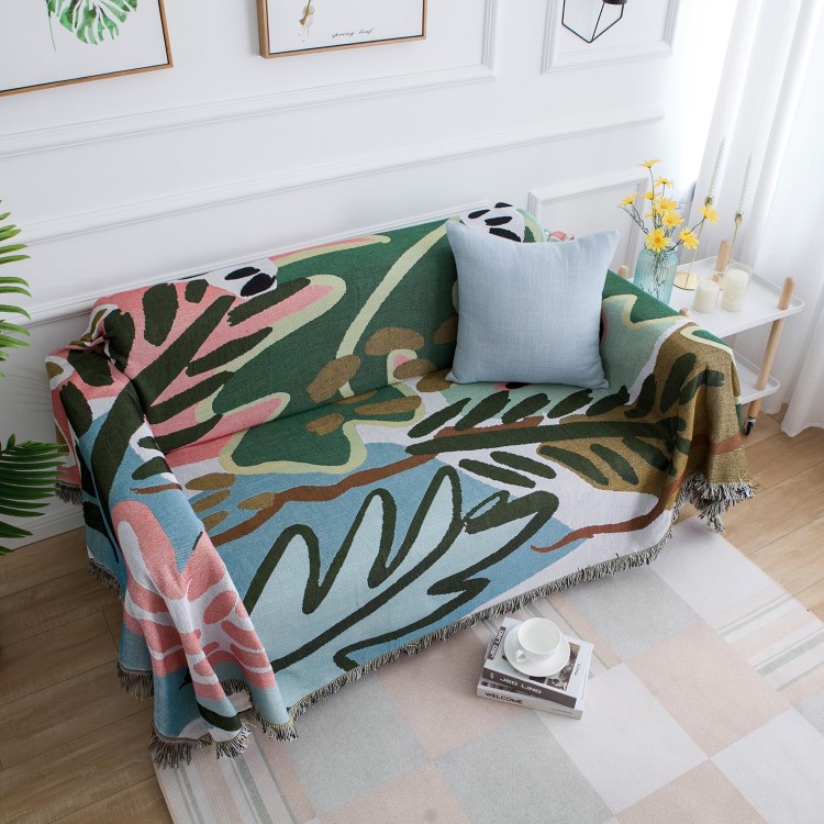 ソファーカバー 抽象アート柄フリンジ付きマルチカバー