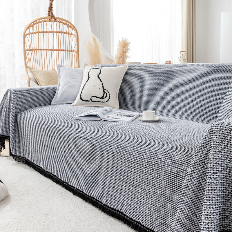 ソファーカバー 小格子模様フリンジ付きマルチカバー二人掛け用