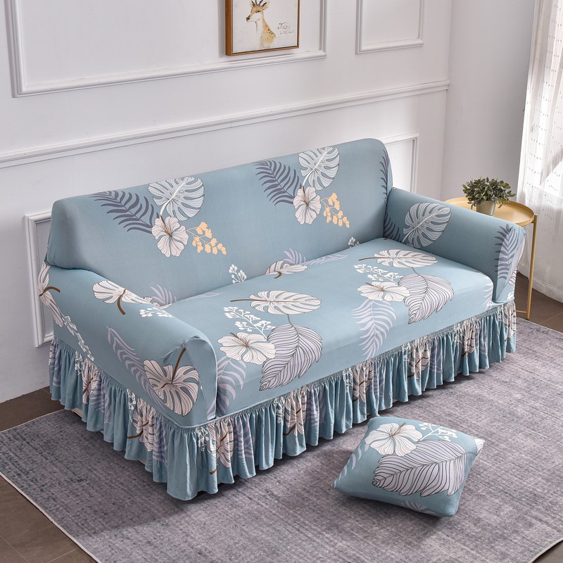 ソファーカバー 南国風トロピカル柄フリル付き伸縮ソファーカバー