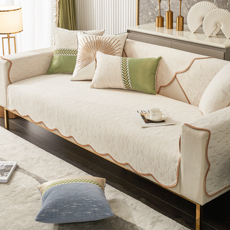 ソファーカバー 波型縁取り上質綿麻混紡二人掛け用座面保護カバー