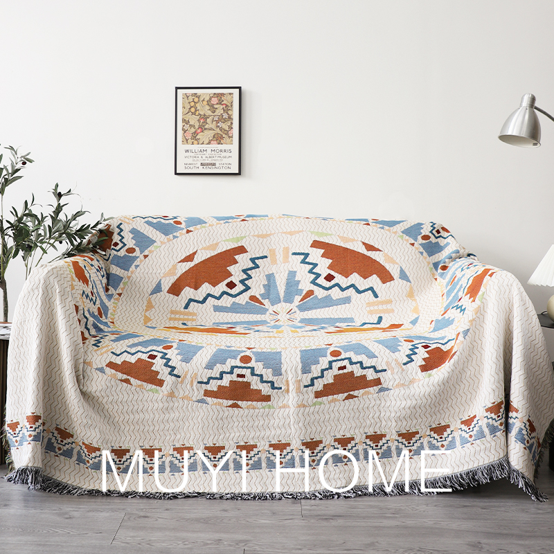 ソファーカバー 民族調幾何学模様フリンジ付き織り込みソファーカバー