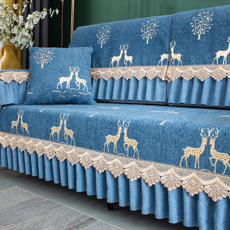 ソファーカバー 森の鹿と木々刺繍レース付きプリーツ装飾2人掛けソファーカバー