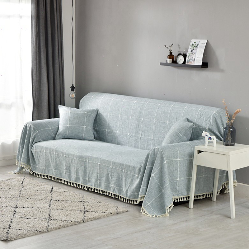 ソファーカバー 格子柄タッセル付きマルチカバー2人掛け用