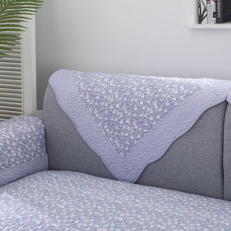 ソファーカバー 小花柄ストライプ縁取り二人掛け用ソファーカバー