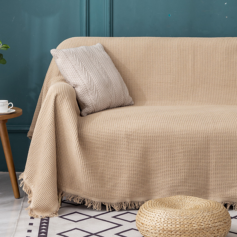ソファーカバー ワッフル織り房飾り付きマルチカバー
