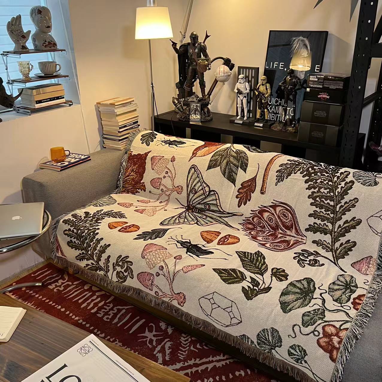 ソファーカバー 自然図鑑模様織り生地フリンジ付きソファーカバー