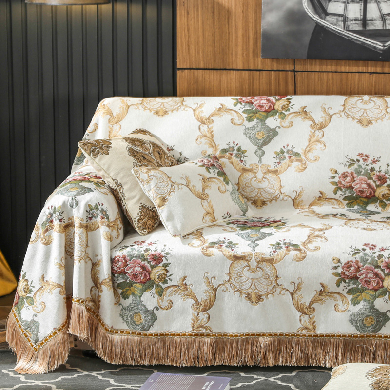 ソファーカバー 薔薇柄ジャガード織りフリンジ付きソファーカバー