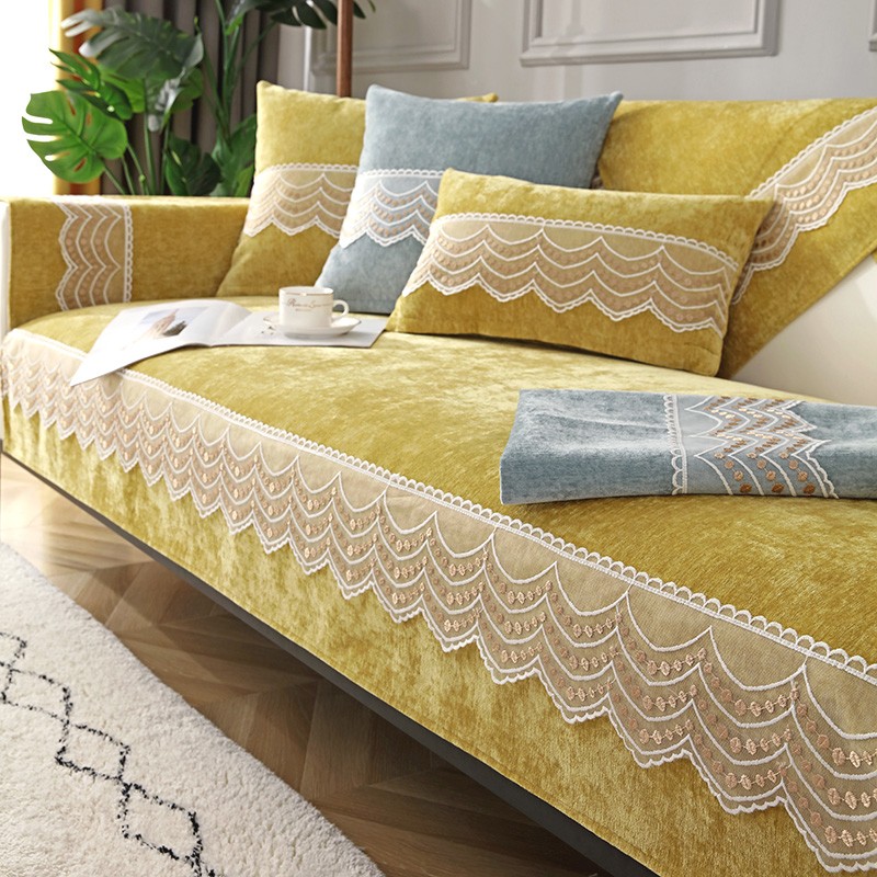 ソファーカバー 波紋刺繍レース装飾ソファーカバー