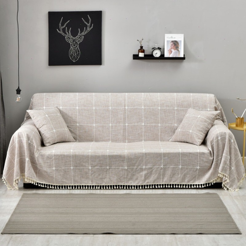 ソファーカバー 格子柄タッセル付きマルチカバー2人掛け用