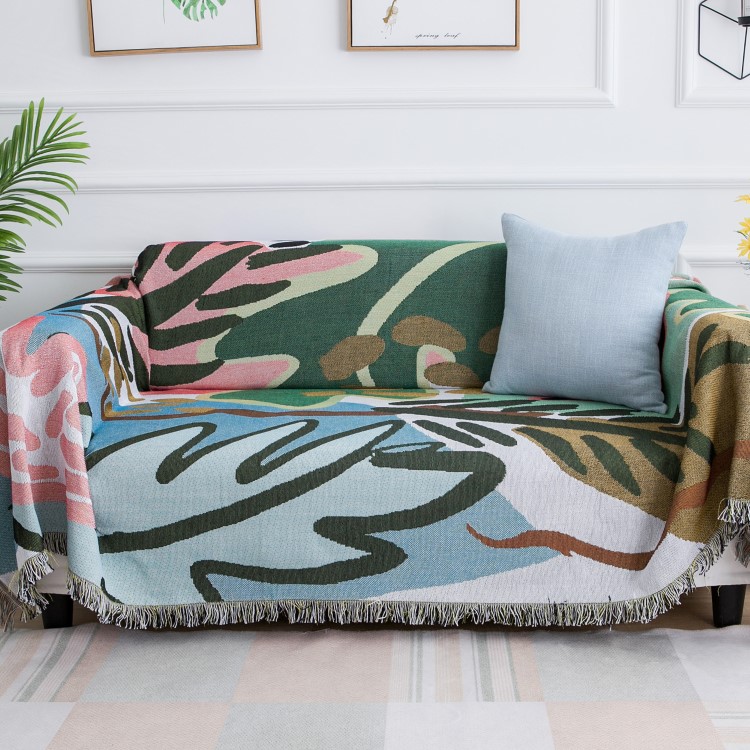 ソファーカバー 抽象アート柄フリンジ付きマルチカバー