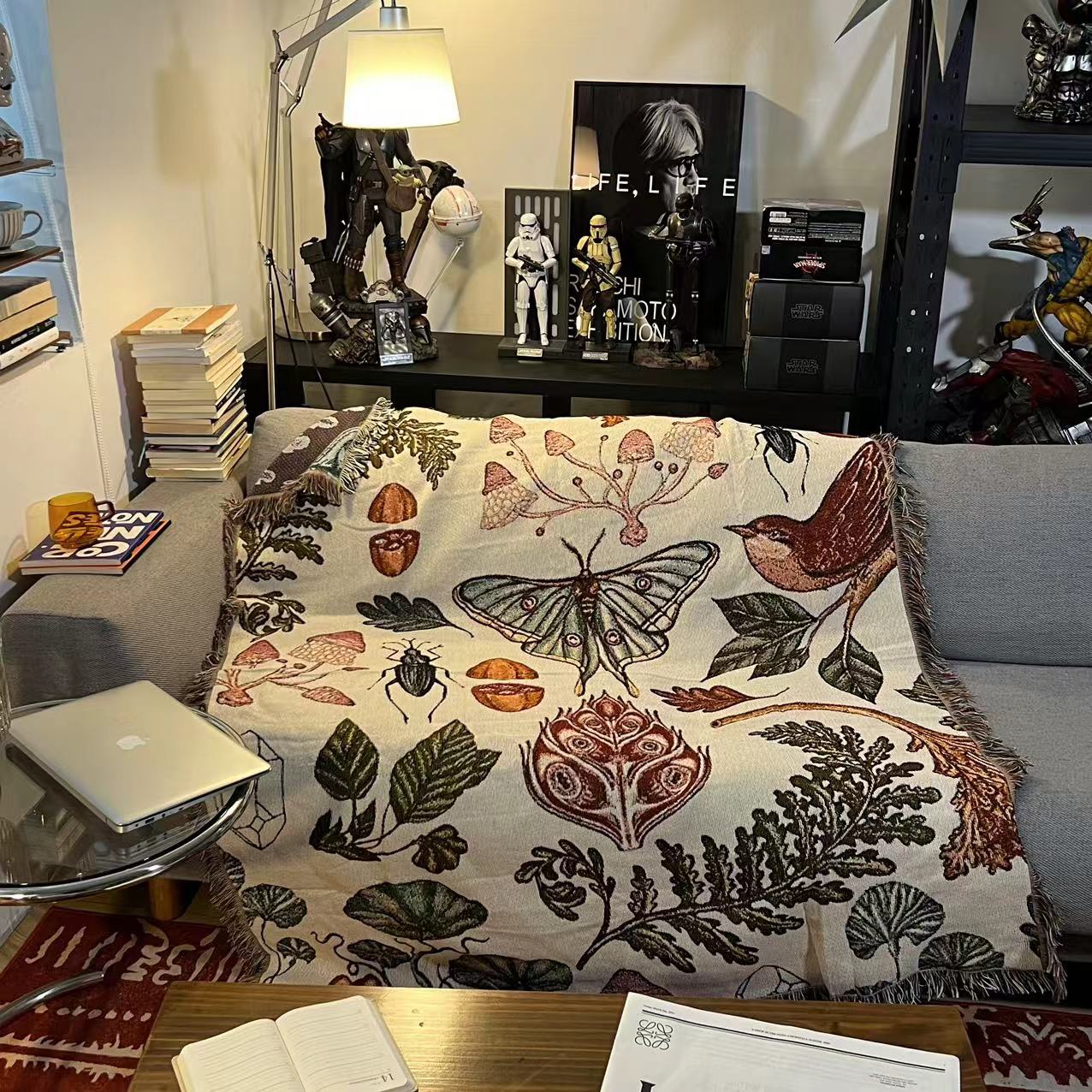 ソファーカバー 自然図鑑模様織り生地フリンジ付きソファーカバー