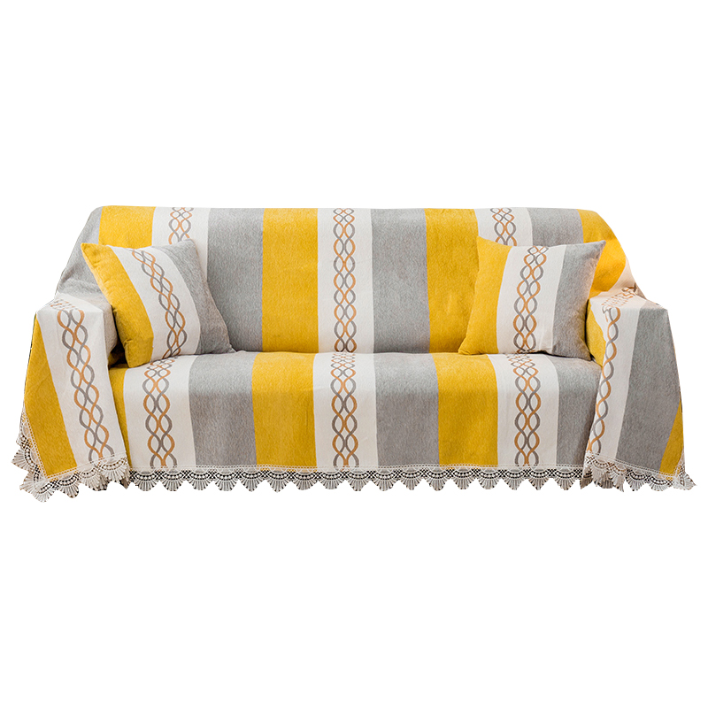 ソファーカバー 縦縞模様と装飾柄入り房付きマルチカバー
