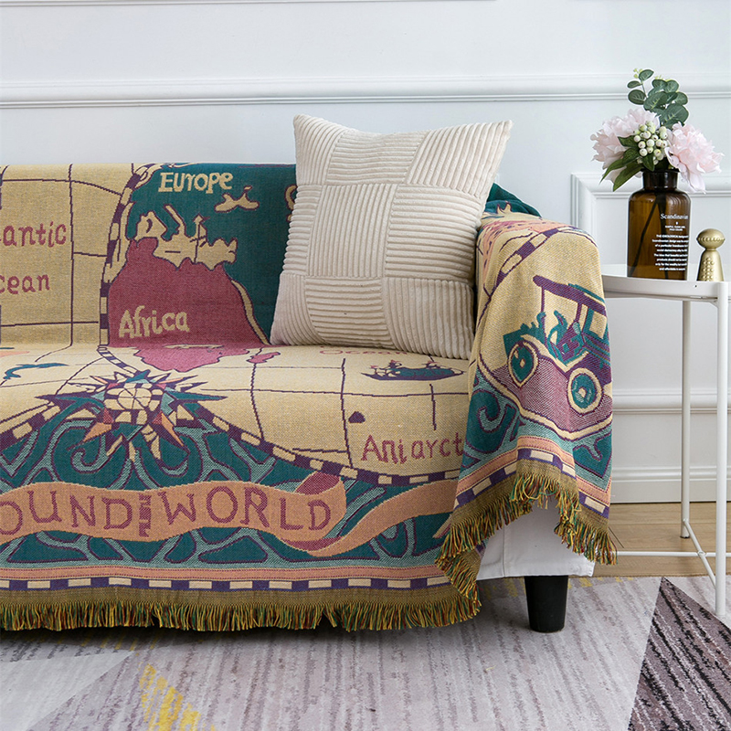 ソファーカバー 世界地図柄房飾り付き多機能ソファーカバー