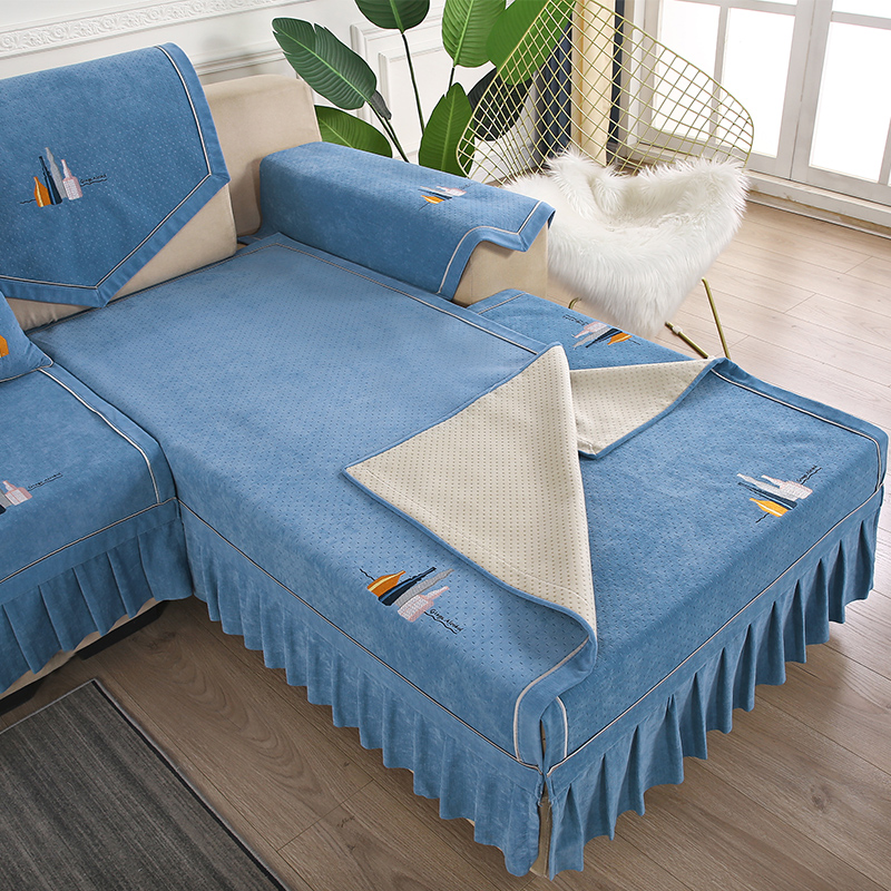 ソファーカバー 小さなヨット刺繍付きフリル装飾三人掛けソファーカバー