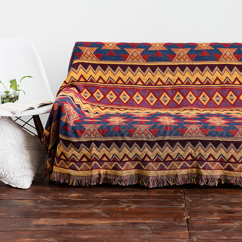 ソファーカバー 民族調幾何学模様フリンジ付きマルチカバー