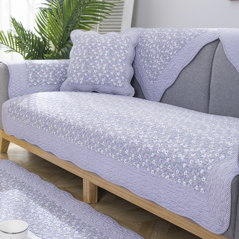 ソファーカバー 小花柄ストライプ縁取り二人掛け用ソファーカバー