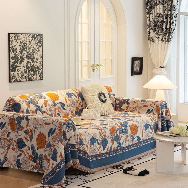 ソファーカバー 花柄刺繍風マルチカバー付きソファーカバー