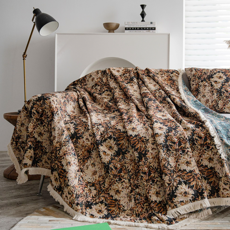 ソファーカバー 花柄織りマルチカバーフリンジ付き2人掛け用