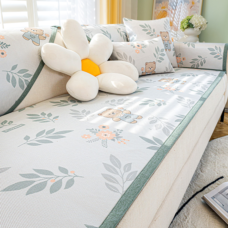 ソファーカバー くまちゃんと花柄がかわいい涼感素材の座面ソファーカバー