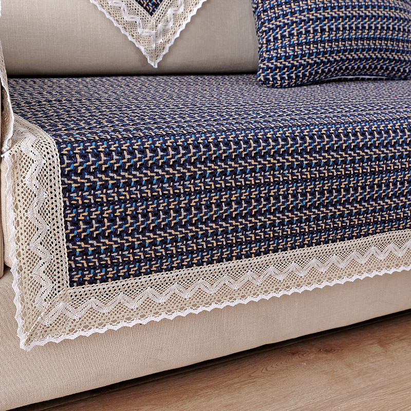 ソファーカバー 格子柄レース縁取り三人掛けソファーカバー