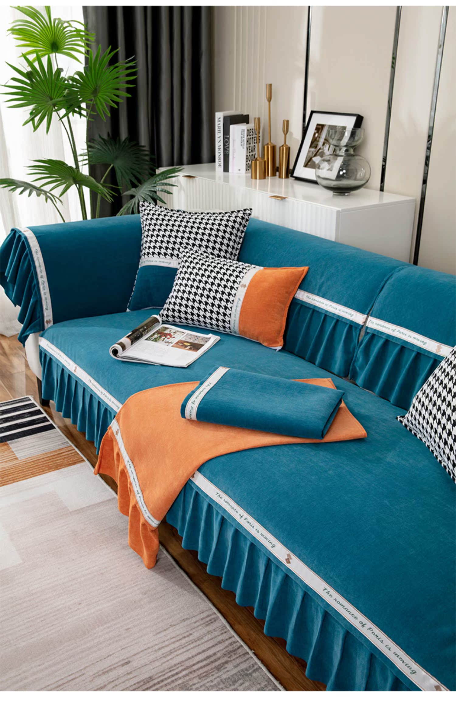 ソファーカバー プリーツ装飾付き高級ベルベット調ソファーカバー