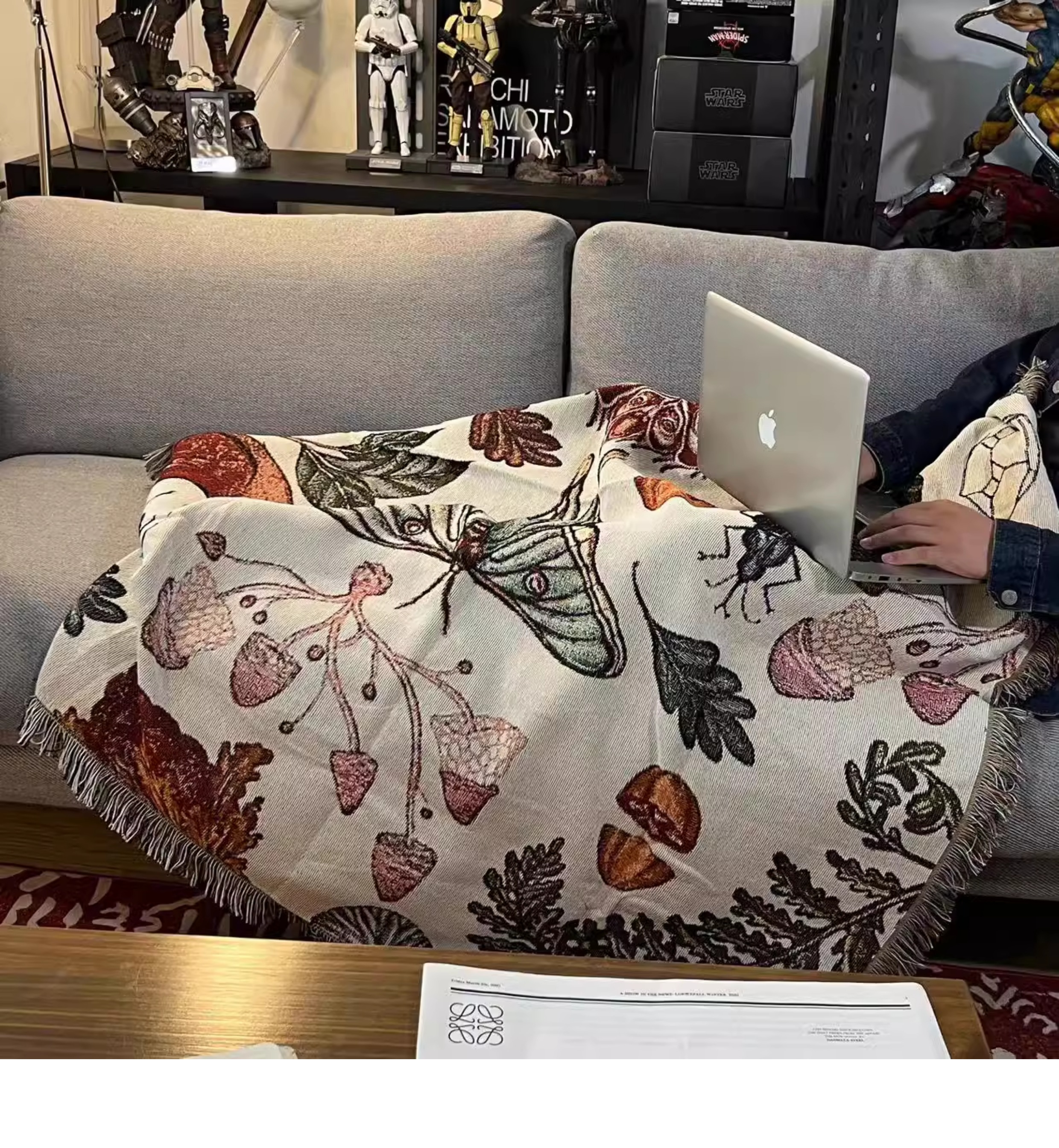 ソファーカバー 自然図鑑模様織り生地フリンジ付きソファーカバー