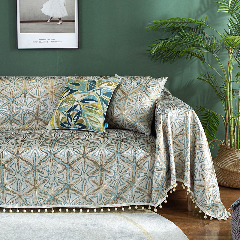 ソファーカバー 幾何学模様ポンポン付きマルチカバー