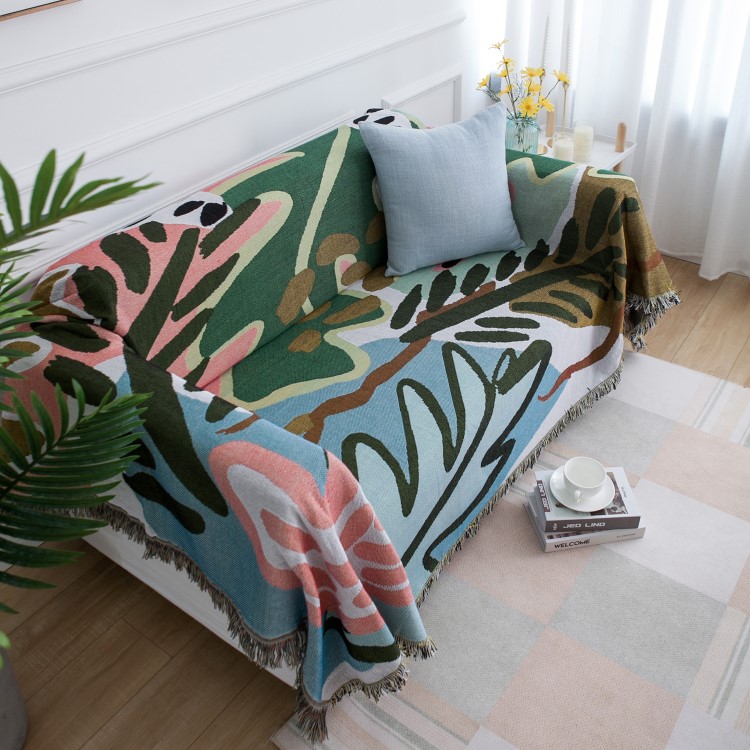 ソファーカバー 抽象アート柄フリンジ付きマルチカバー