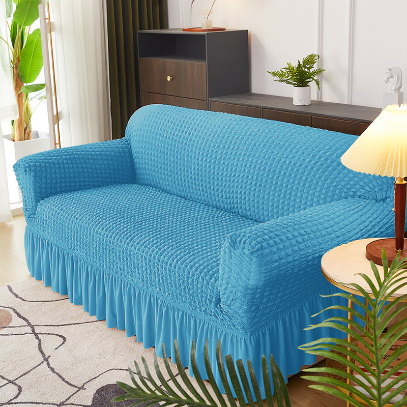 ソファーカバー フリル付き格子模様伸縮ソファーカバー