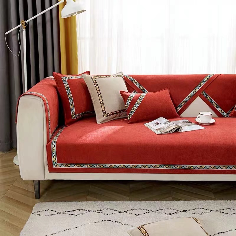 ソファーカバー 幾何学模様刺繍ライン装飾ソファーカバー