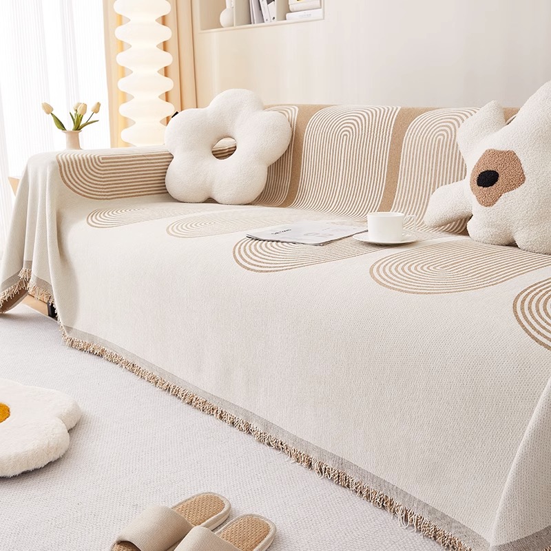 ソファーカバー 幾何学模様フリンジ付きマルチカバー