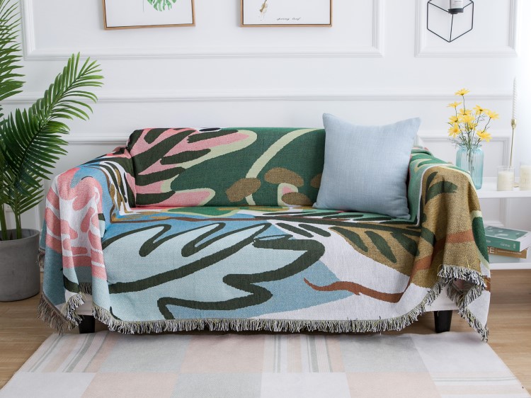 ソファーカバー 抽象アート柄フリンジ付きマルチカバー
