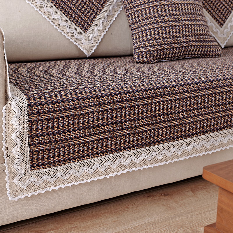 ソファーカバー 格子柄レース縁取り三人掛けソファーカバー