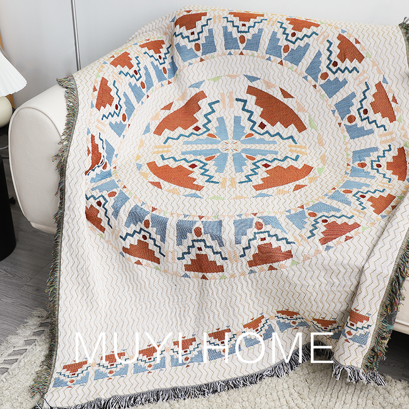 ソファーカバー 民族調幾何学模様フリンジ付き織り込みソファーカバー