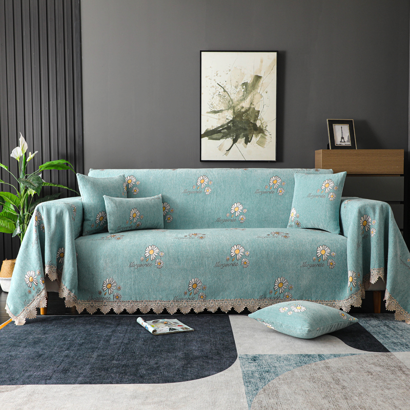 ソファーカバー 宮廷風花柄刺繍レース縁取りソファーカバー