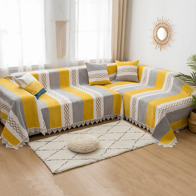 ソファーカバー 縦縞模様と装飾柄入り房付きマルチカバー