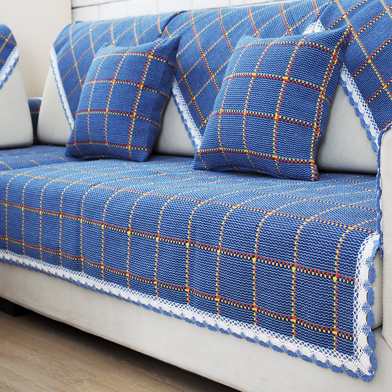 ソファーカバー 格子柄レース縁取り三人掛けソファーカバー